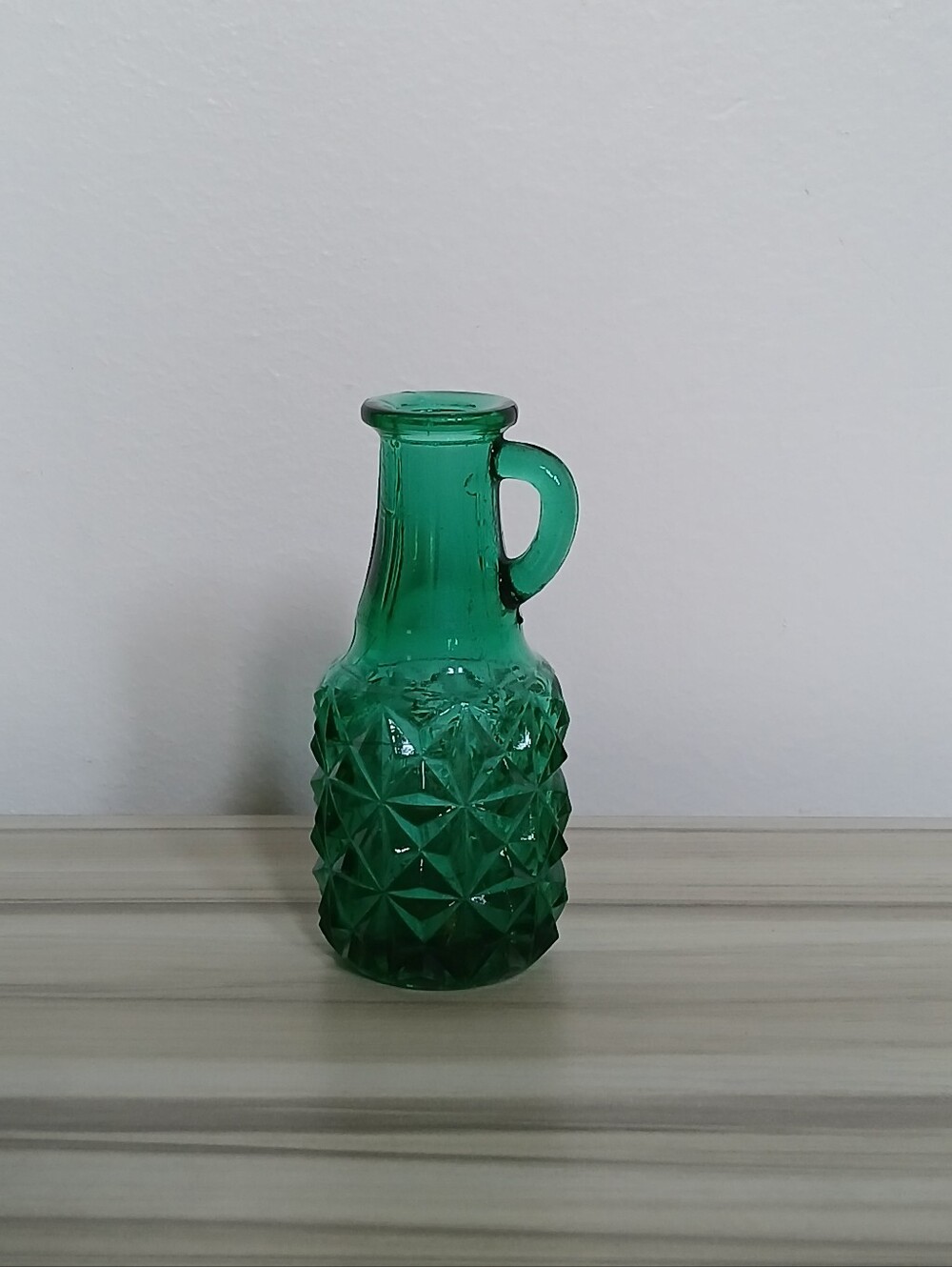 Vintage Pressed Emerald Green Glass Miniature Bud Vase With Handle